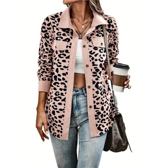 Women's Printed Corduroy Leopard Button-Up Shacket - Picture 1 of 8